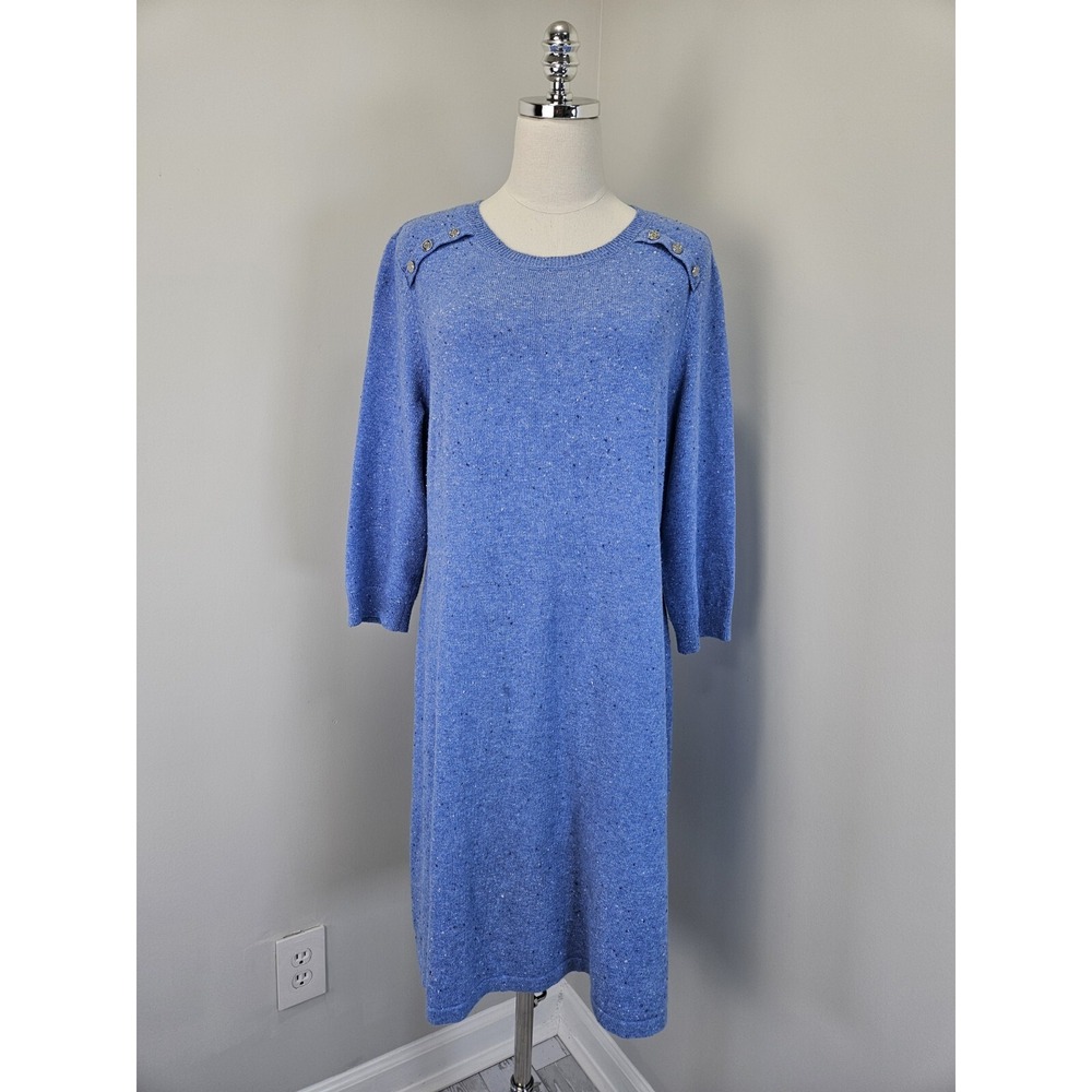 Talbots Petite Blue Marl Sweater Dress XL P Button Shoulder 3/4 Sleeve